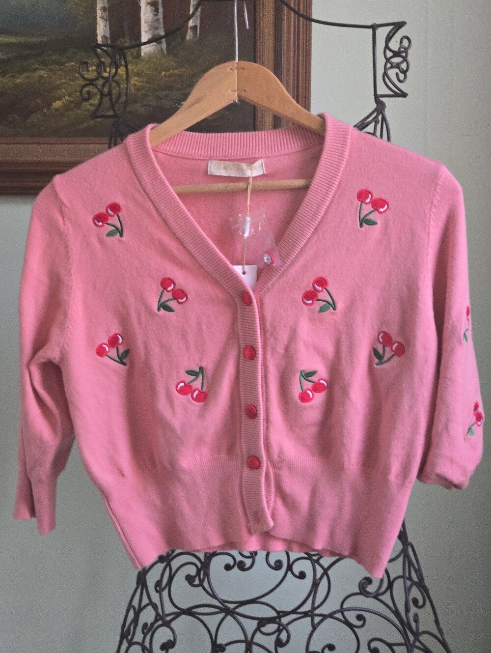 NWT Belle Poque Pink Cherry Retro Sweater S Embroidered 50's 3/4 Sleeve